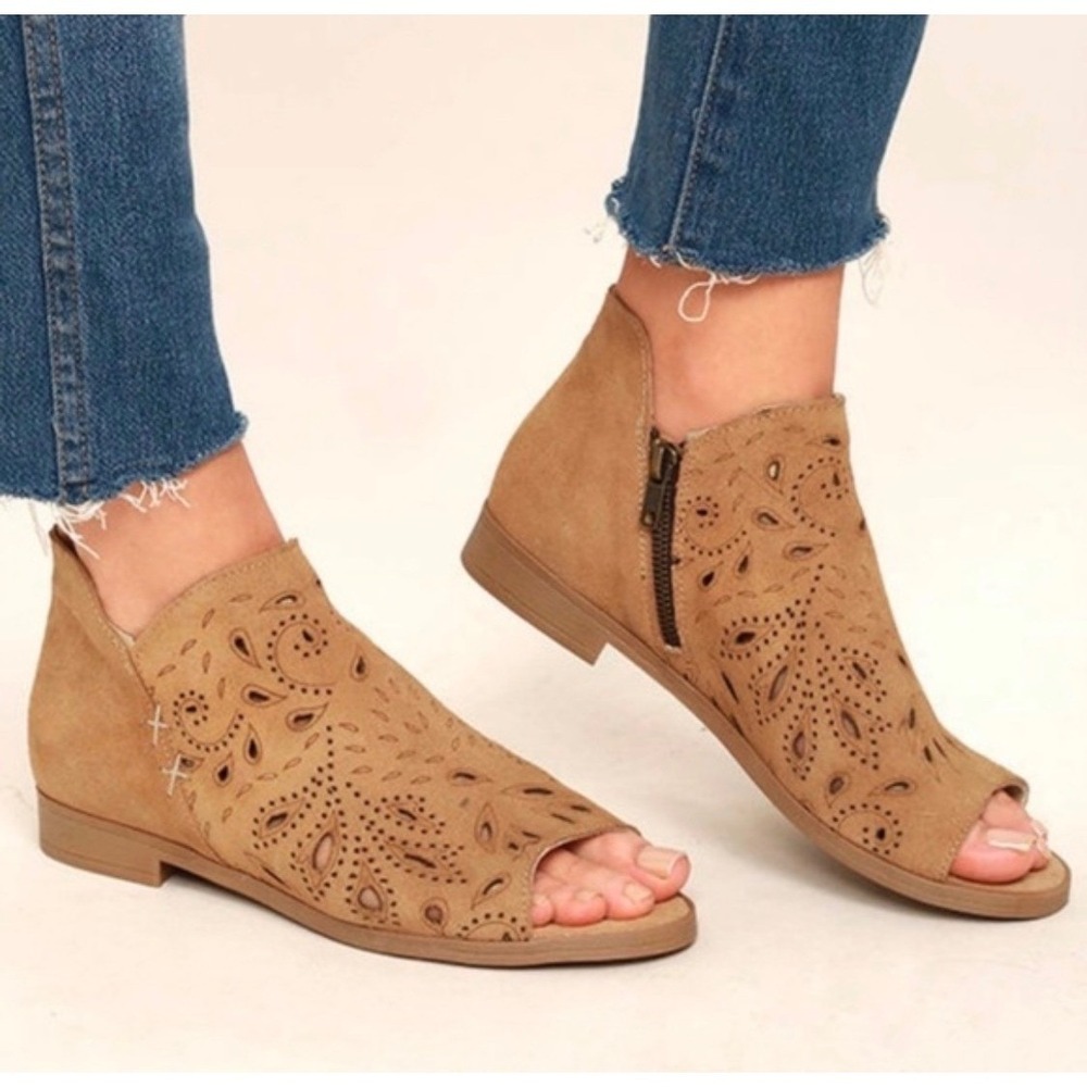 Coolway Peep Toe Ankle Boots Womens 40 Tan Suede Laser Cut Boho‎ Festival Chic